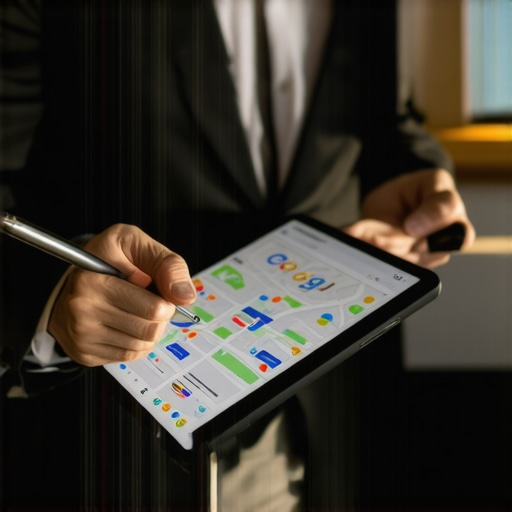 SEO expert reviewing local search performance on a tablet with Google Maps and analytics charts