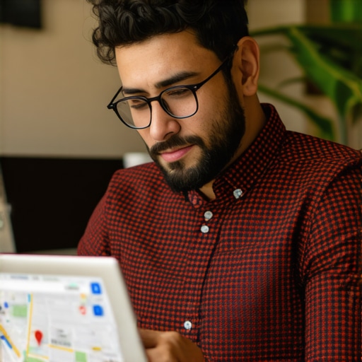 Business owner optimizing GMB profile with maps and laptop