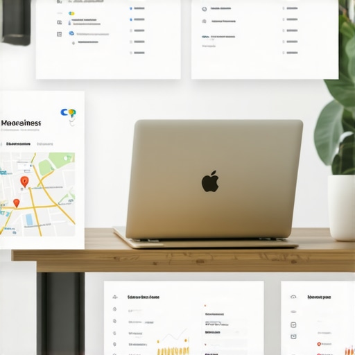 Business owner optimizing Google My Business profile on laptop with local maps and charts