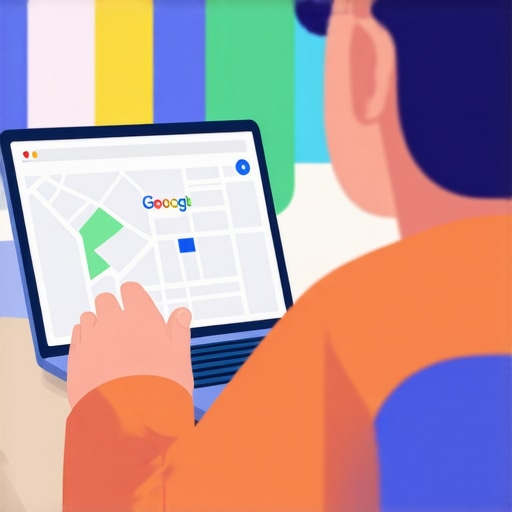 Business owner working on Google My Business profile with local maps in background