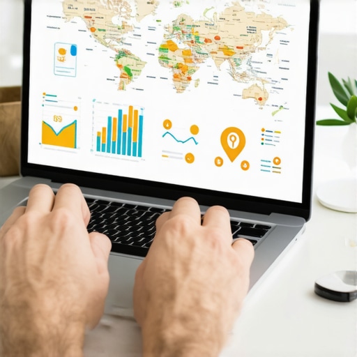 Marketing professional reviewing maps SEO performance metrics on a laptop.