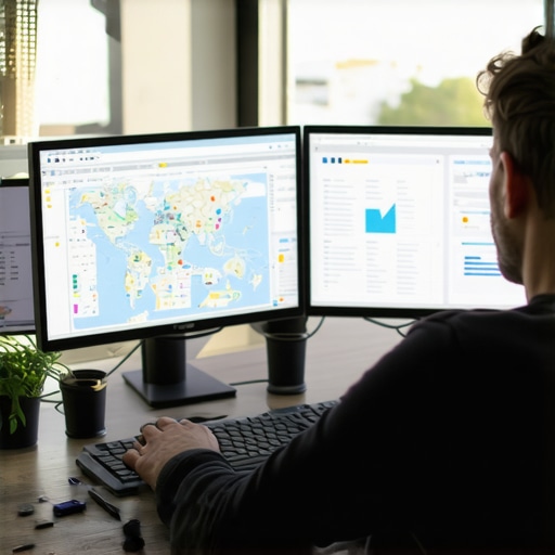 A person reviewing local SEO analytics on computer screens showing maps and graphs