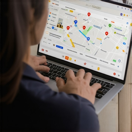 Person reviewing local SEO metrics on laptop with Google Maps displayed
