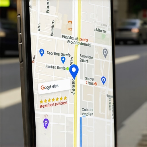 Smartphone showing a Google Maps listing with positive reviews and high ratings