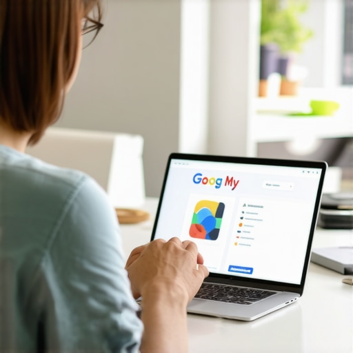 Business owner updating Google My Business profile on a laptop with local community in background.
