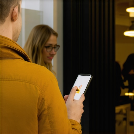 Business owner encouraging customer check-ins and reviews outside a retail store.