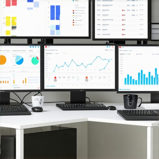 Local SEO Tools Setup A desk with screens showing SEO dashboards, citation audits, and analytics tools.