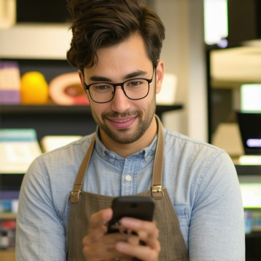 Business owner engaging with customers through review responses and live interactions in a storefront