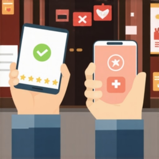 Person checking in and leaving reviews on smartphones outside a store.