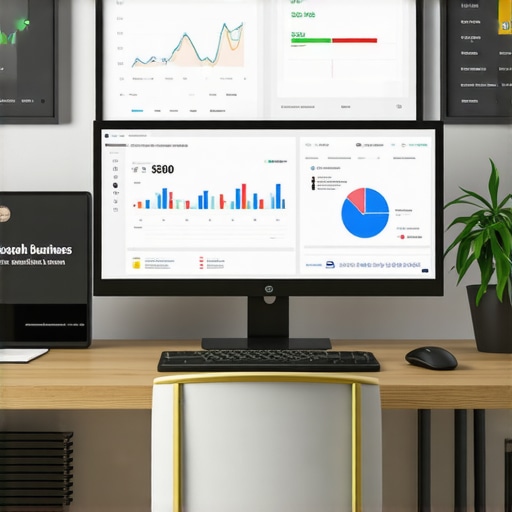 SEO Tools for Local Maintenance A desk with various SEO analysis tools and local business signage for local SEO maintenance.