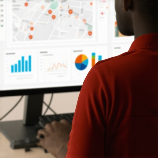 Person reviewing local SEO metrics on a computer showing maps and analytics charts.
