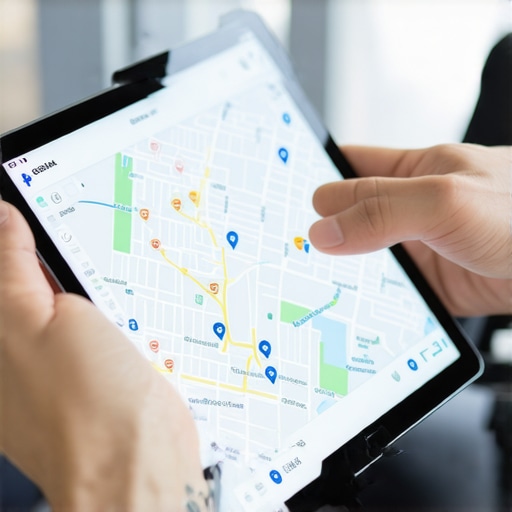 Business owner reviewing foot traffic analytics on tablet with neighborhood map