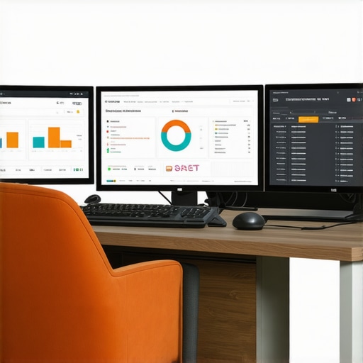Workstation with multiple screens displaying SEO analytics, Google My Business dashboard, and scheduling software.