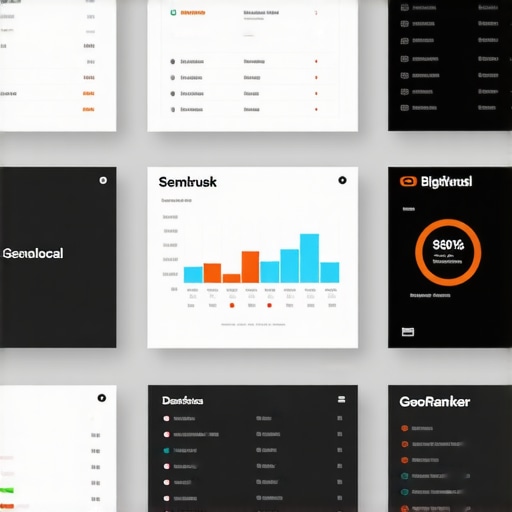 SEO Tools Setup for Local Rankings Desk with monitors displaying local SEO analytics dashboards.