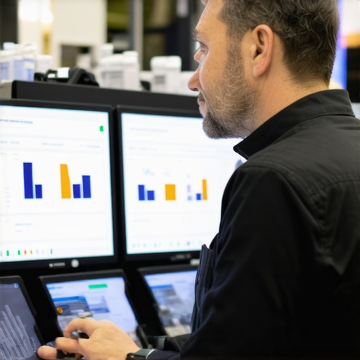 Analyzing Customer Foot Traffic Business owner reviewing digital foot traffic data in store