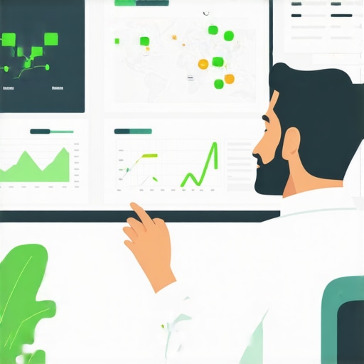 Business owner reviewing digital map and analytics dashboards.