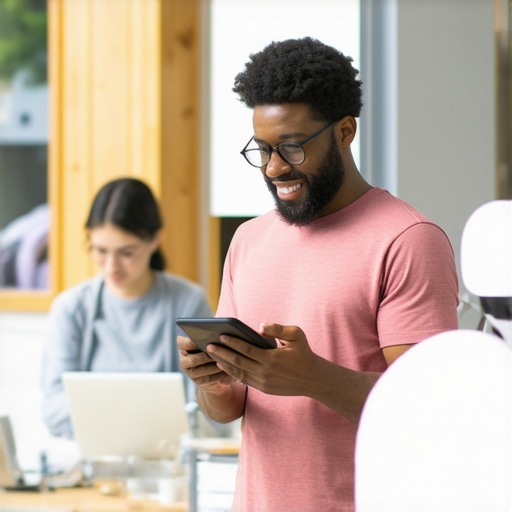 Business owner using digital tools to connect with customers in a technologically equipped storefront