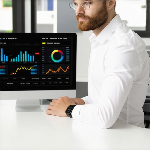 Monitoring Local Rankings with Advanced Software SEOTool Dashboard with Charts and Graphs in a Modern Office