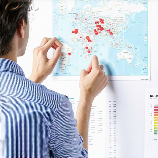 Business owner reviewing regional map signals on digital devices to improve local visibility