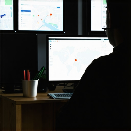 Person reviewing local SEO metrics with maps and charts on screens