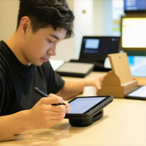 Business owner deploying Bluetooth beacons and engaging customers with digital devices for local SEO signals.